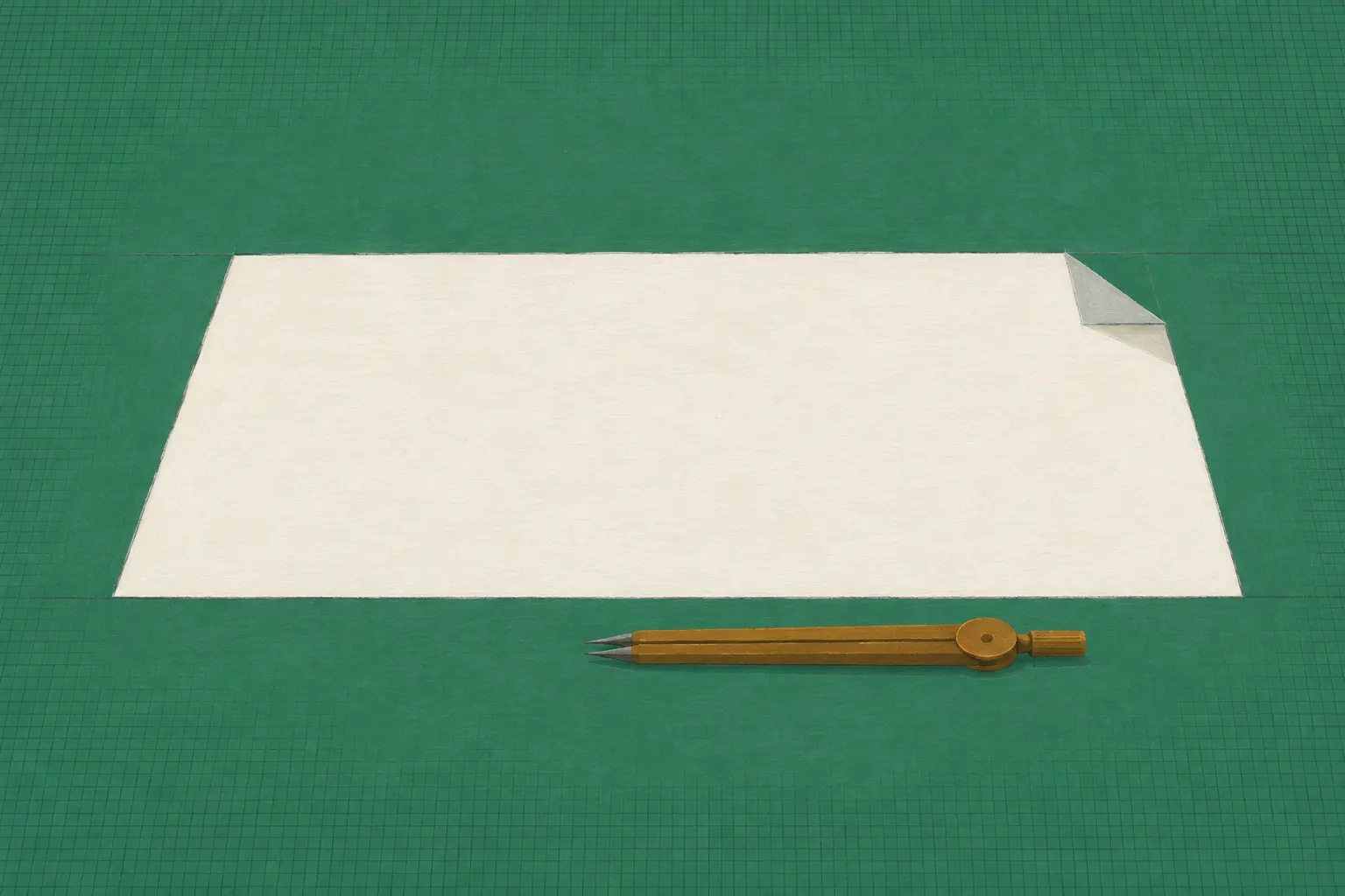 Illustration of a sheet of white paper with one corner folded down, lying on green graph paper with a brass compass in front of it.