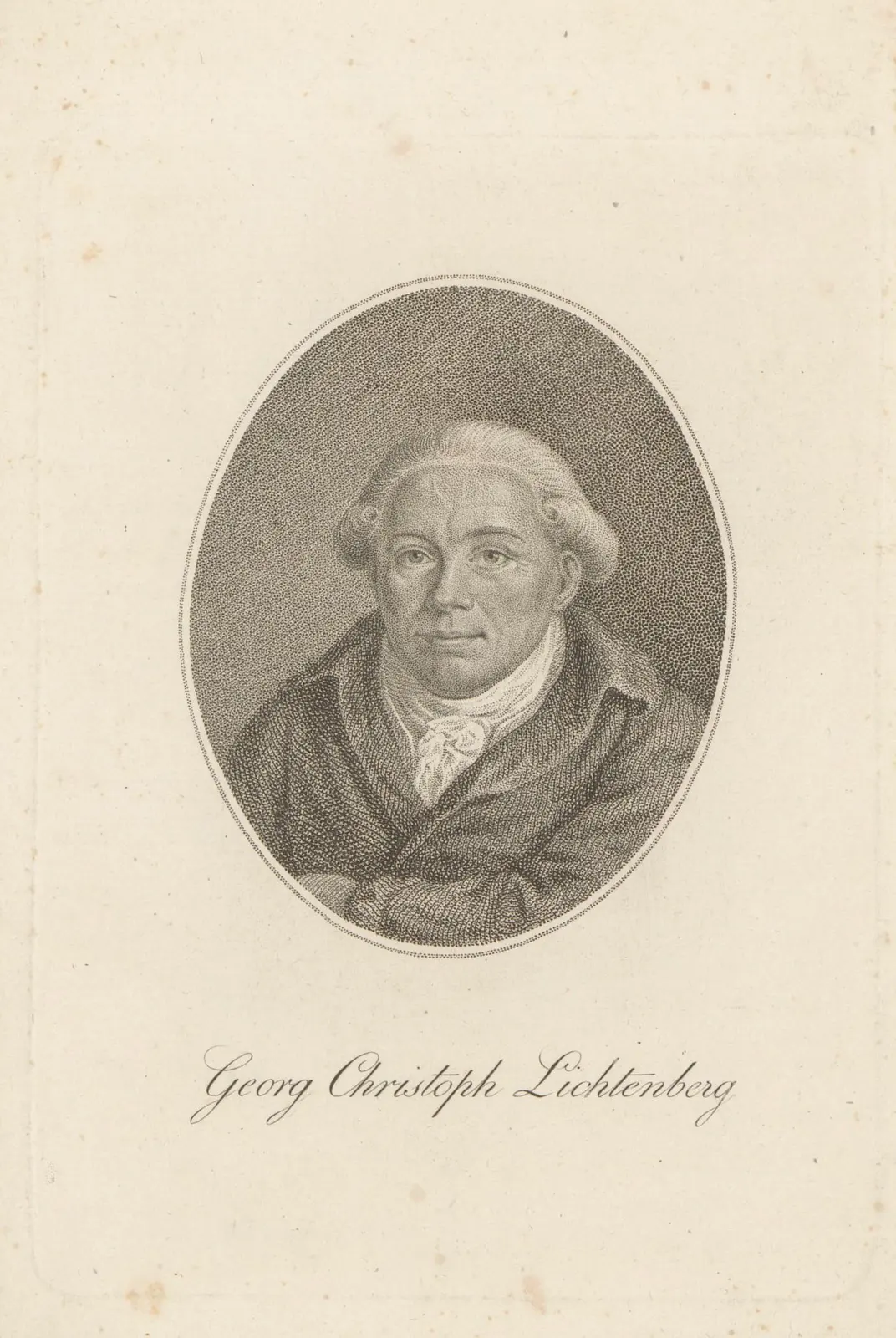 An oval stipple-engraved portrait of a man in a powdered wig and a loose cravat, with the engraved name Georg Christoph Lichtenberg below.