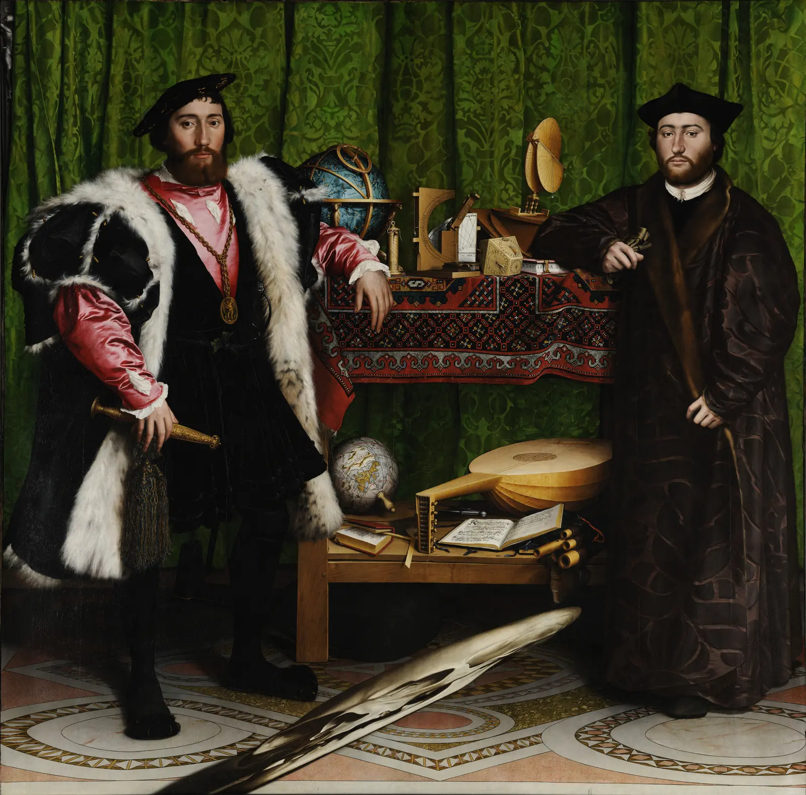 Two men stand on either side of a two-tier shelf of instruments; a long pale diagonal shape lies across the mosaic floor between their feet.