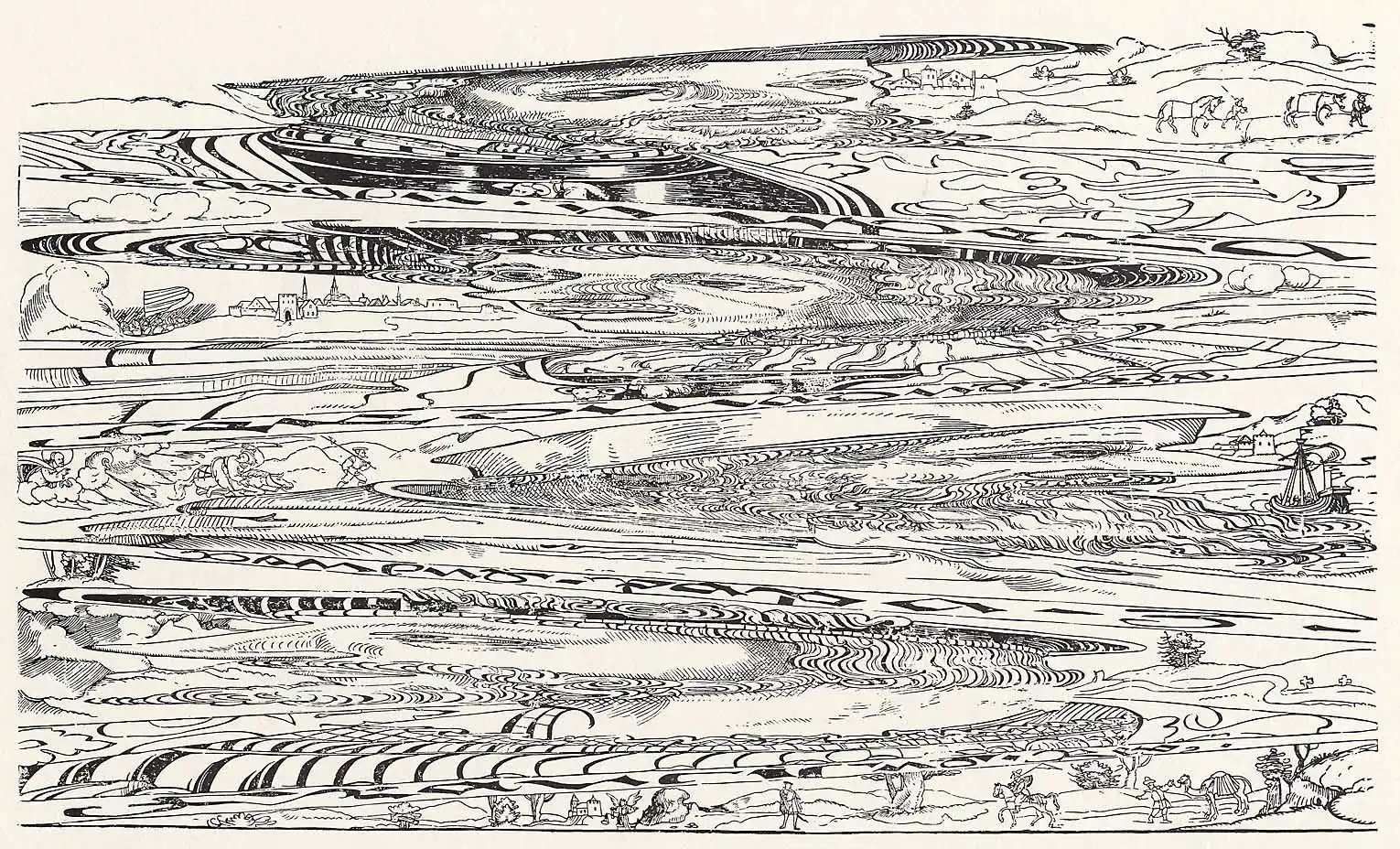 A woodcut of horizontal bands of stretched lines and shading, with small towns, riders and a ship drawn at normal proportions along the edges.
