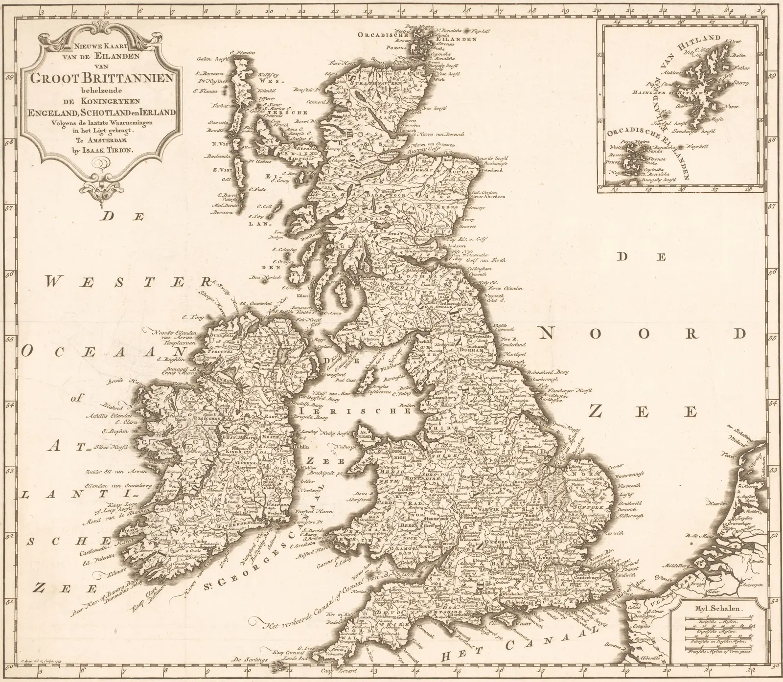 A 1743 engraved map of Great Britain and Ireland with a decorative title block, a degree scale around the border and an inset of the northern islands.