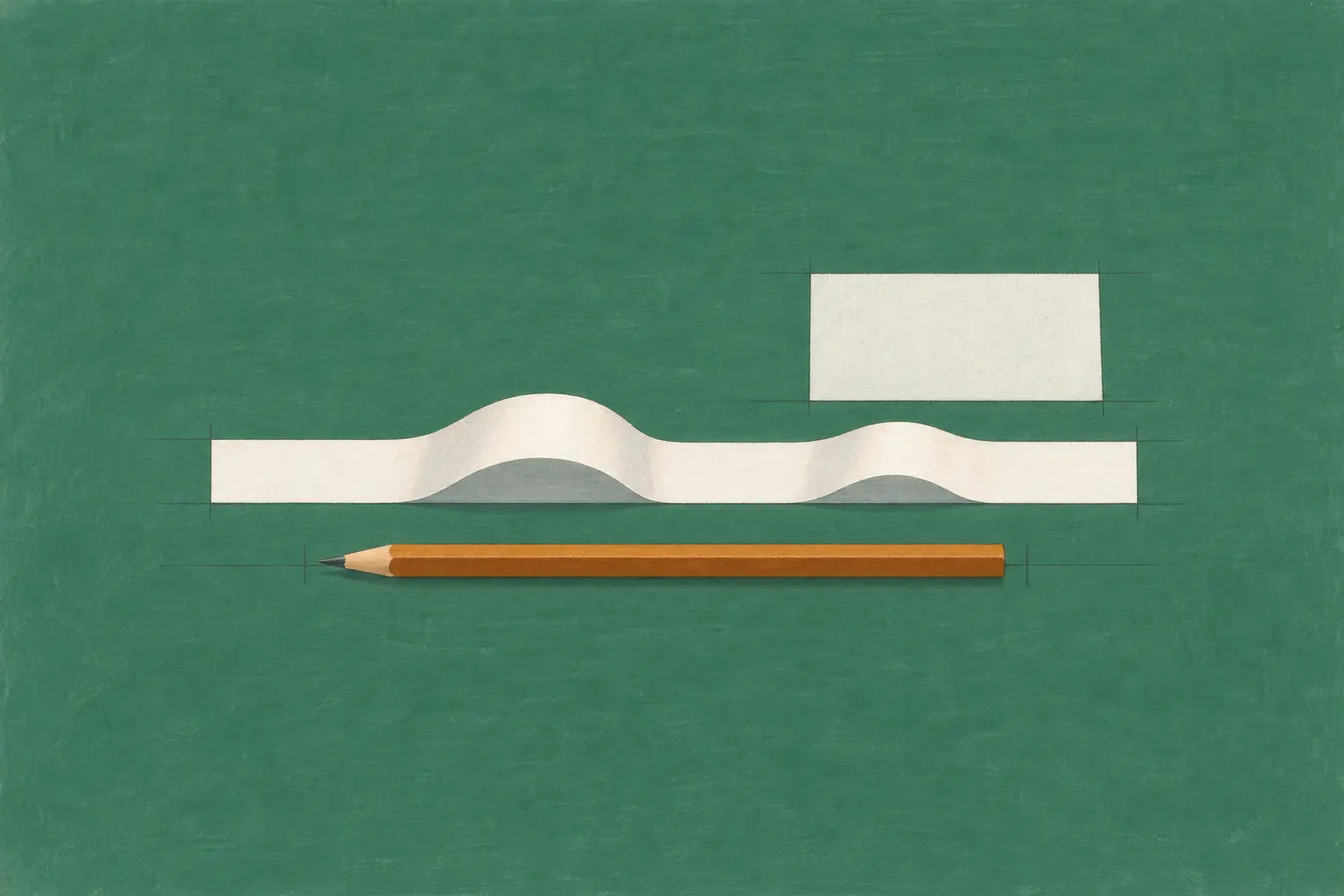 Illustration of a half-opened folded paper strip lifting in soft bends on a green drafting table, with a pencil in front of it and a small blank sheet of paper behind.