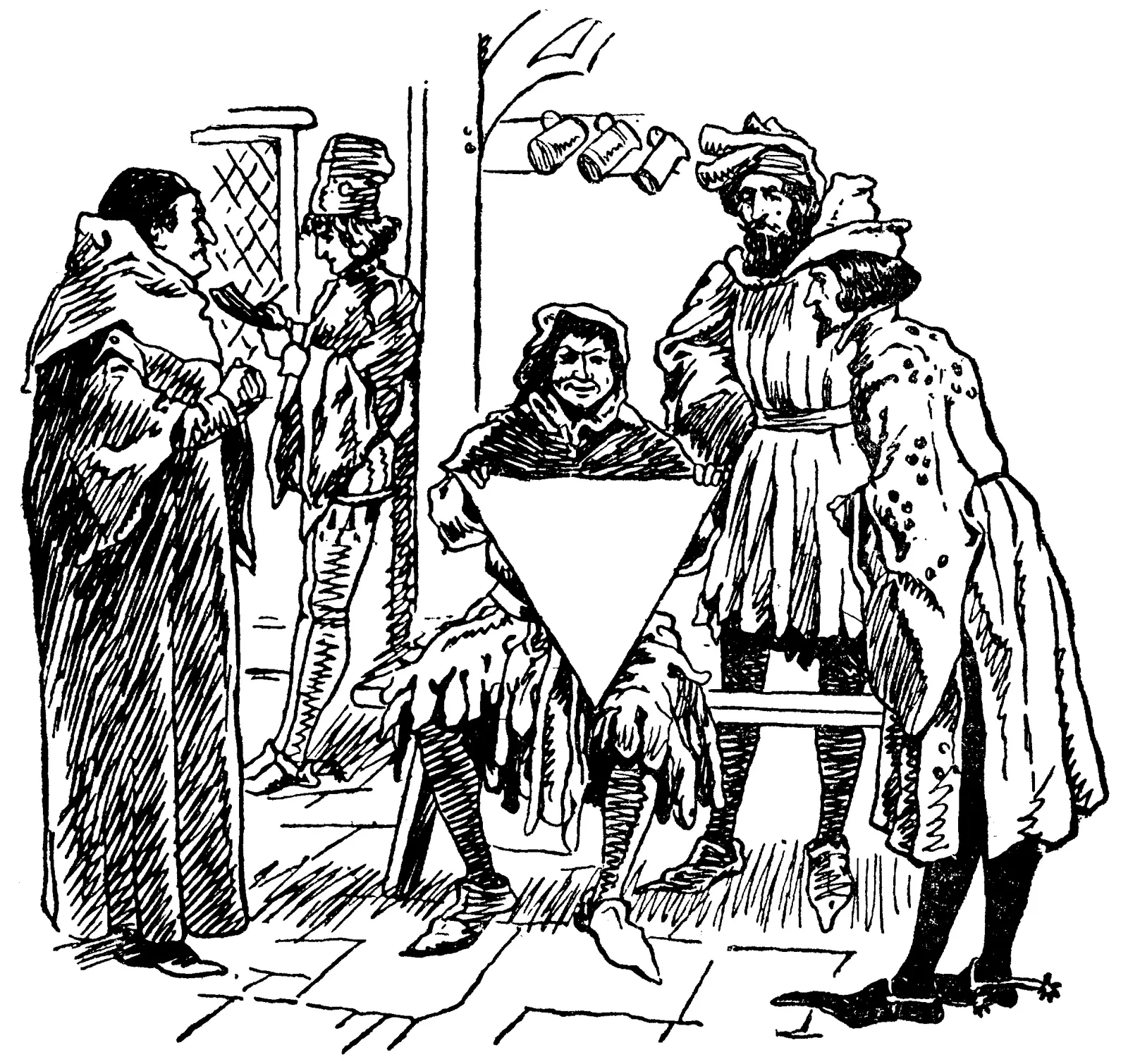 A seated man holds a triangle of cloth, point down, while four men in medieval dress stand around him.