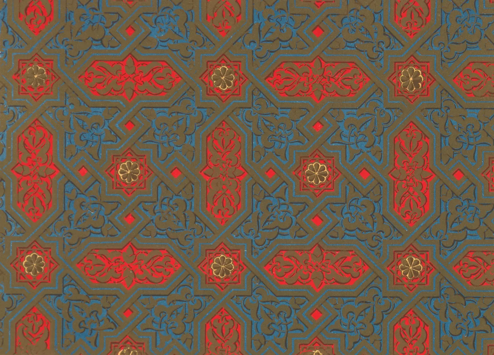 Olive bands edged in blue form eight-point stars around gold rosettes, with long red panels of leaf scrolls between them.