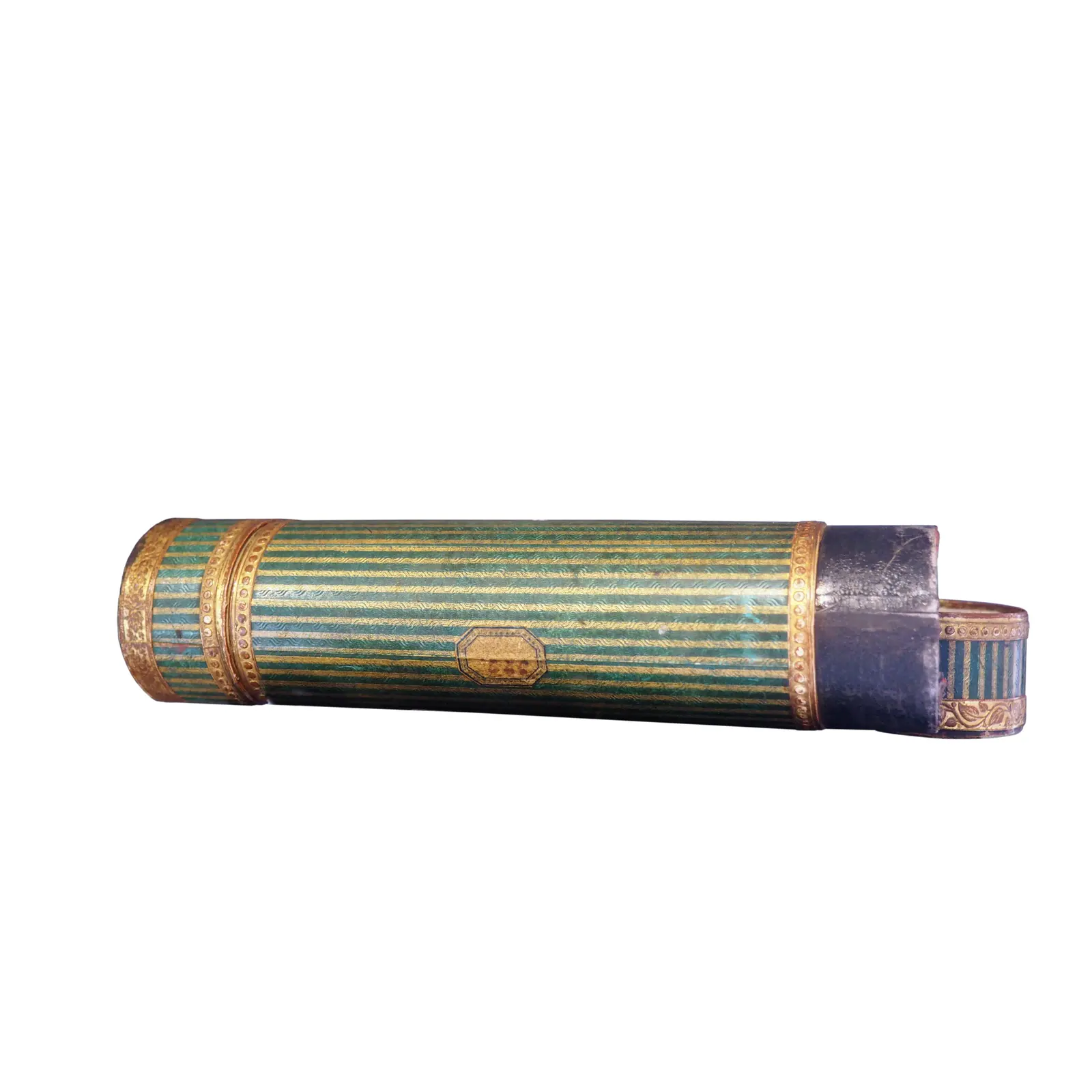 A kaleidoscope tube covered in green-and-gold striped paper with gilt bands, lying on its side, with a short dark end piece and a small round striped case at the right.