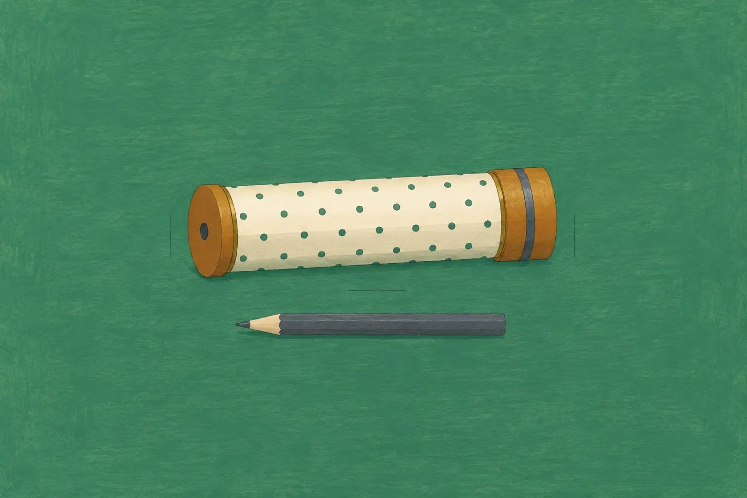 Illustration of a short paper-and-brass kaleidoscope in green-dotted paper, lying on its side on a green drafting table with its eyepiece end turned slightly towards the viewer and a pencil below it.