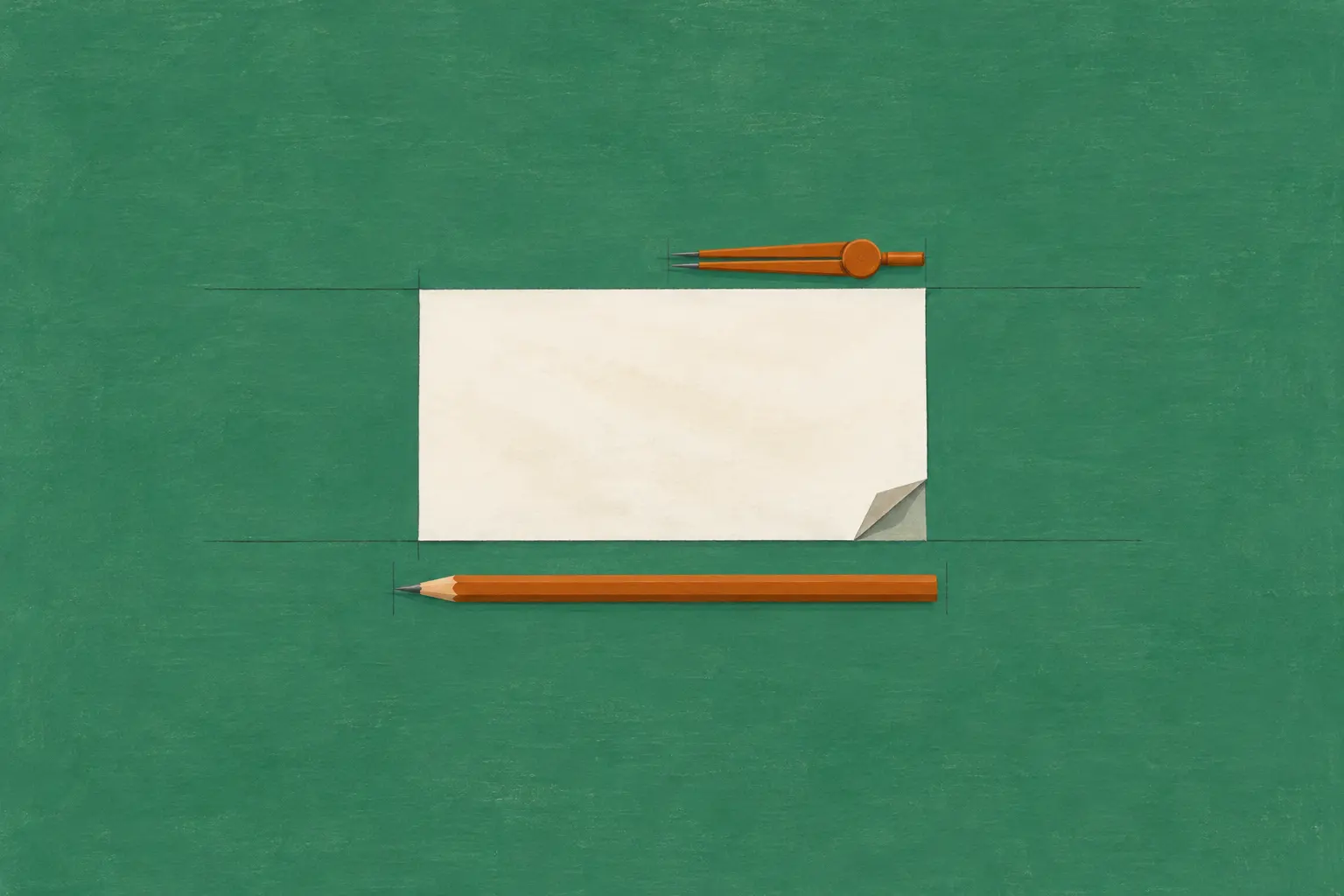 Illustration of a sheet of cream paper with faint traces of old creases and one corner folded up, on a green drafting table between a pencil and a brass compass.