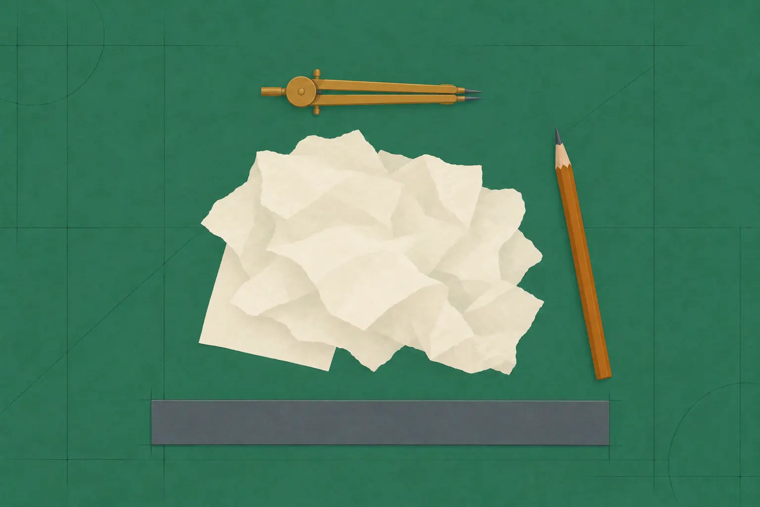 Illustration of a loose heap of crumpled cream paper scraps on a green drafting table, with a brass compass, a pencil and a straightedge.