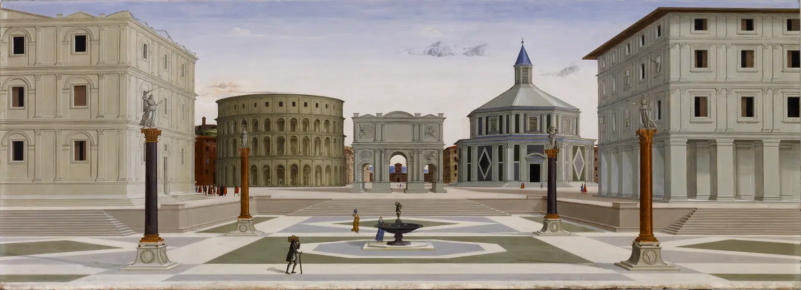 A painted city square: two palaces at the sides, a round arena, a triumphal arch and an octagonal building across the back, and a patterned pavement in front.