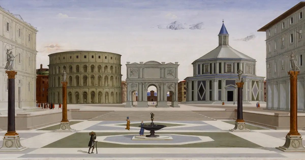 The middle of the panel at full scan resolution: the triumphal arch, with a far building's small doorway in its central opening.