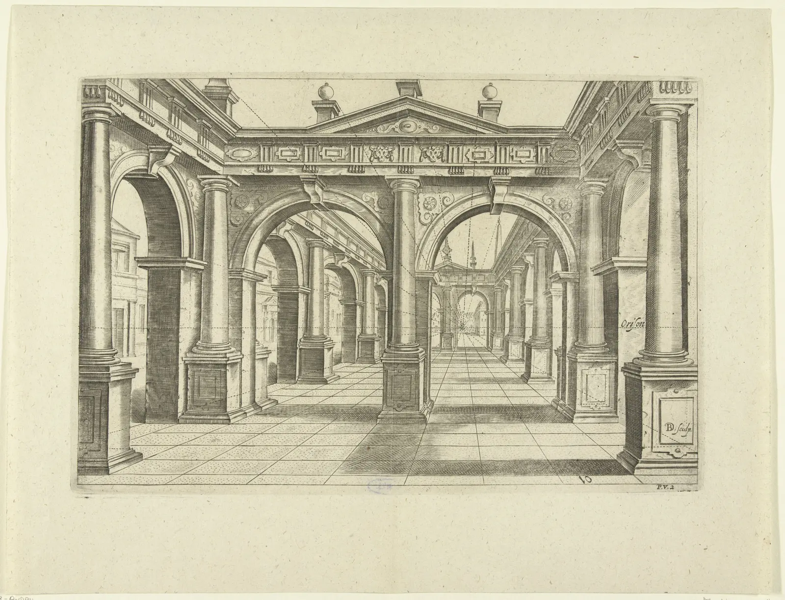 An etched gallery of arches and columns over a tiled floor, with dotted construction lines running to one point on a labeled horizon line.