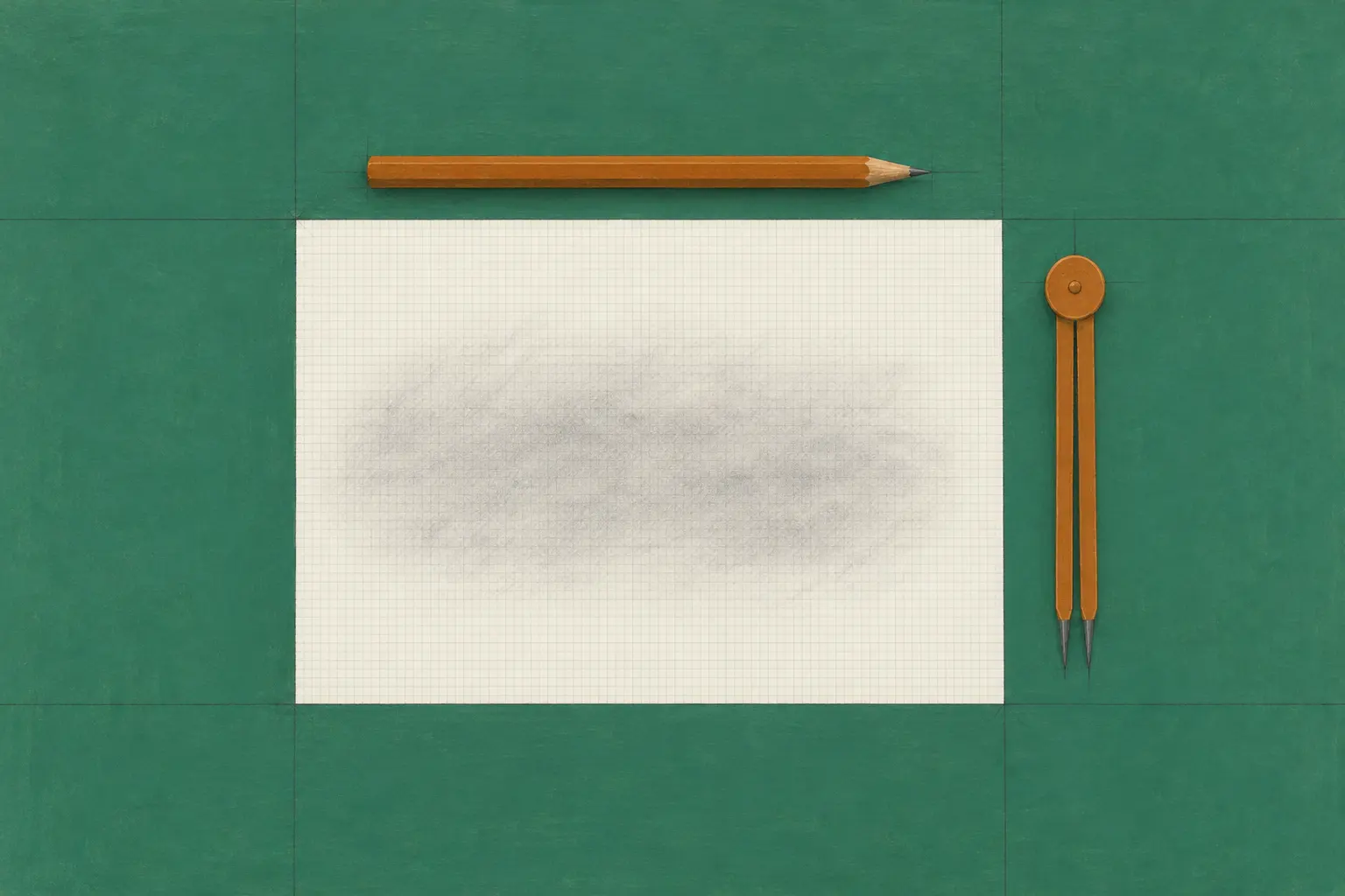 Illustration of a sheet of graph paper with a faint, half-erased pencil smudge on a green drafting table, with a pencil lying above it and a brass compass beside it.