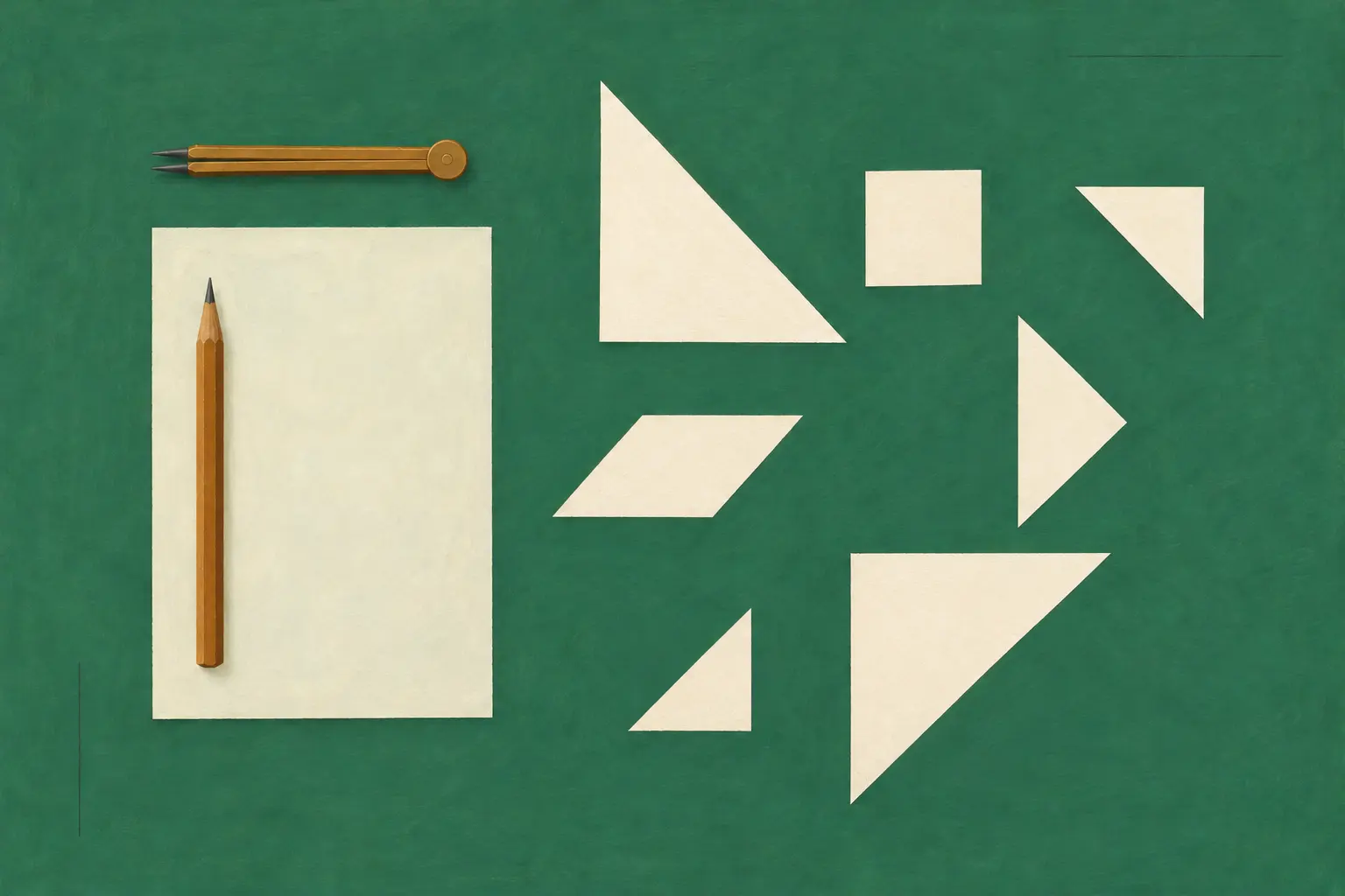 Illustration of tangram pieces lying apart on a green drafting table, beside a pale sheet of paper with a pencil on it and a closed brass compass.