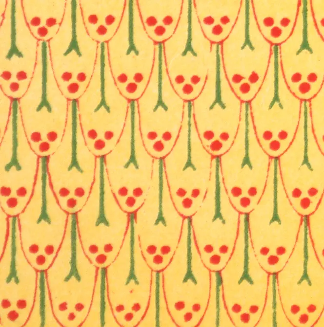 Overlapping scale shapes outlined in red on a yellow ground, each with a green stem and a cluster of red dots, in staggered rows.