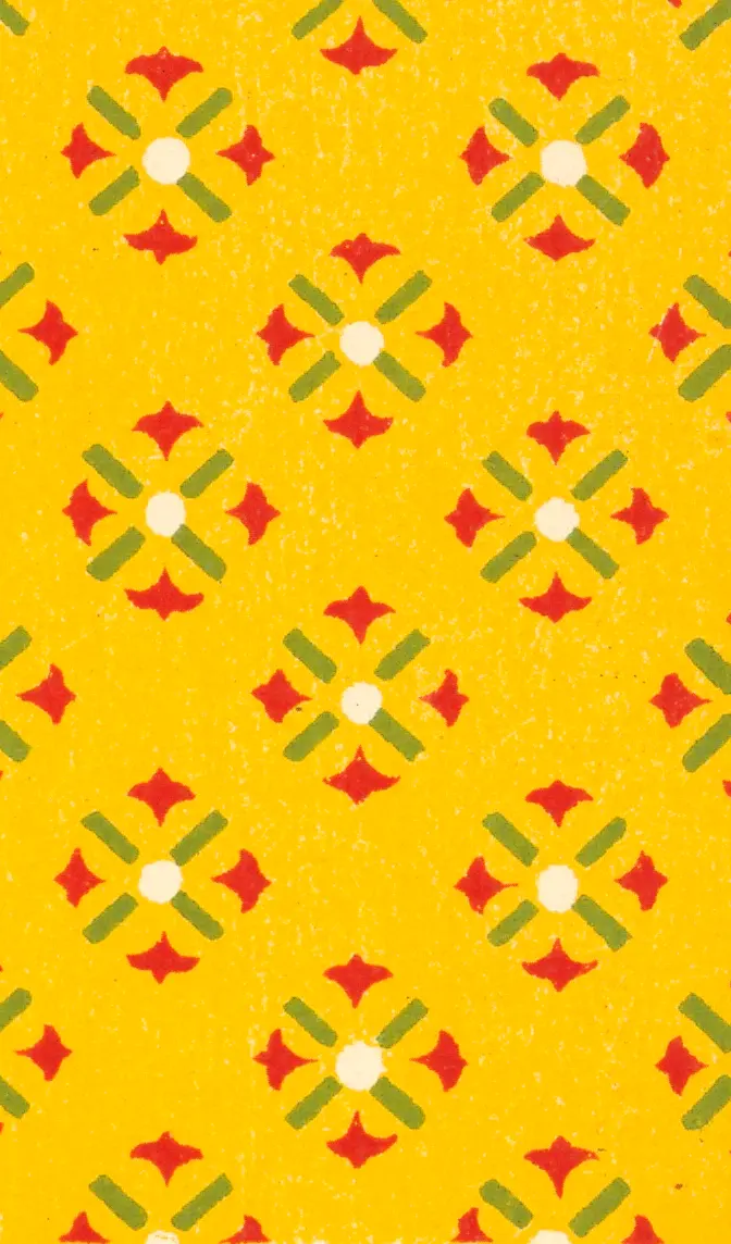 Red four-petal rosettes with green bars on a yellow ground, set on a diagonal grid.