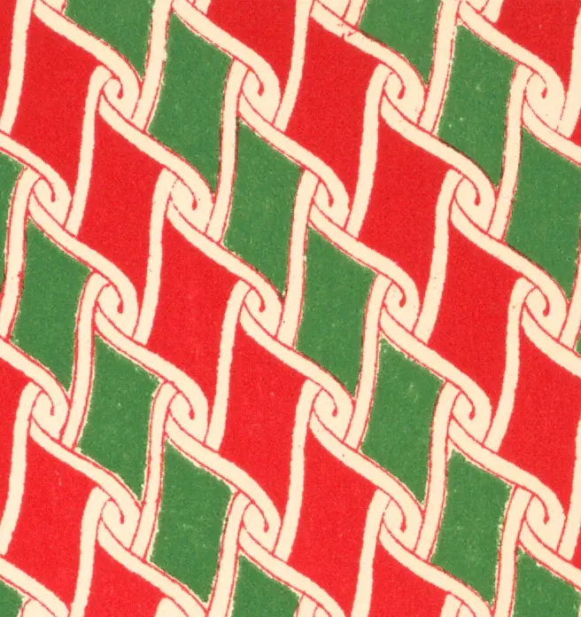 Slanting red and green ribbon segments threaded through looped cream bands, repeated in two slanting directions.