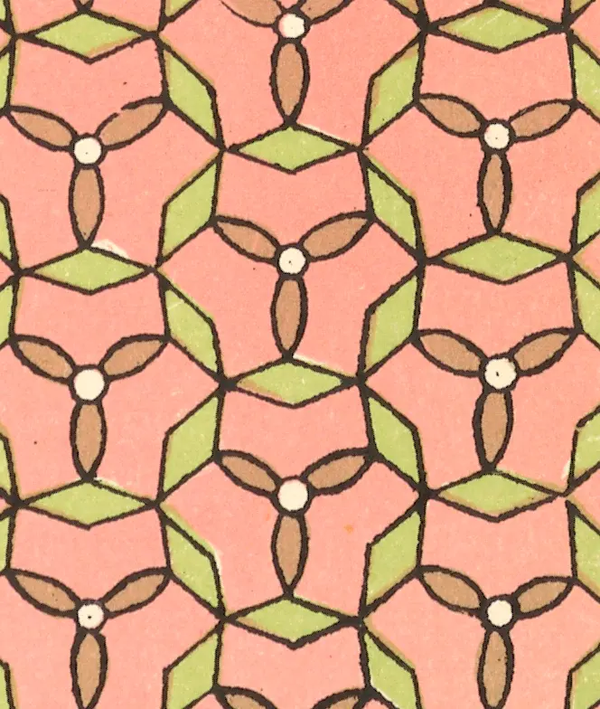 Pink ground with three-lobed outlines around small white discs and green pointed ovals, on a triangular grid.