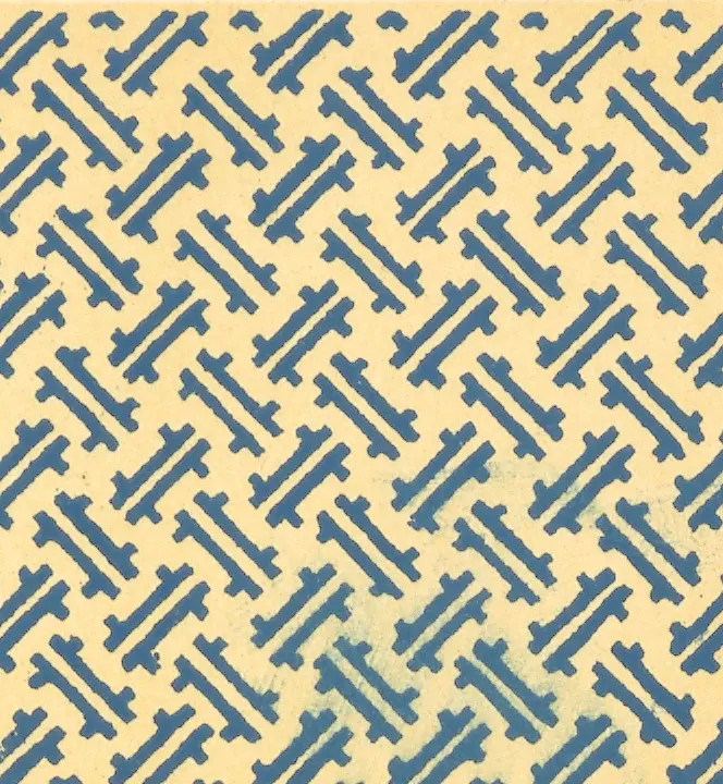 Short blue bars grouped in fours like woven strips on a cream ground, on a square grid.