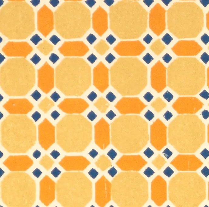 Orange and blue tiles with cream bands between them, set on a square grid.