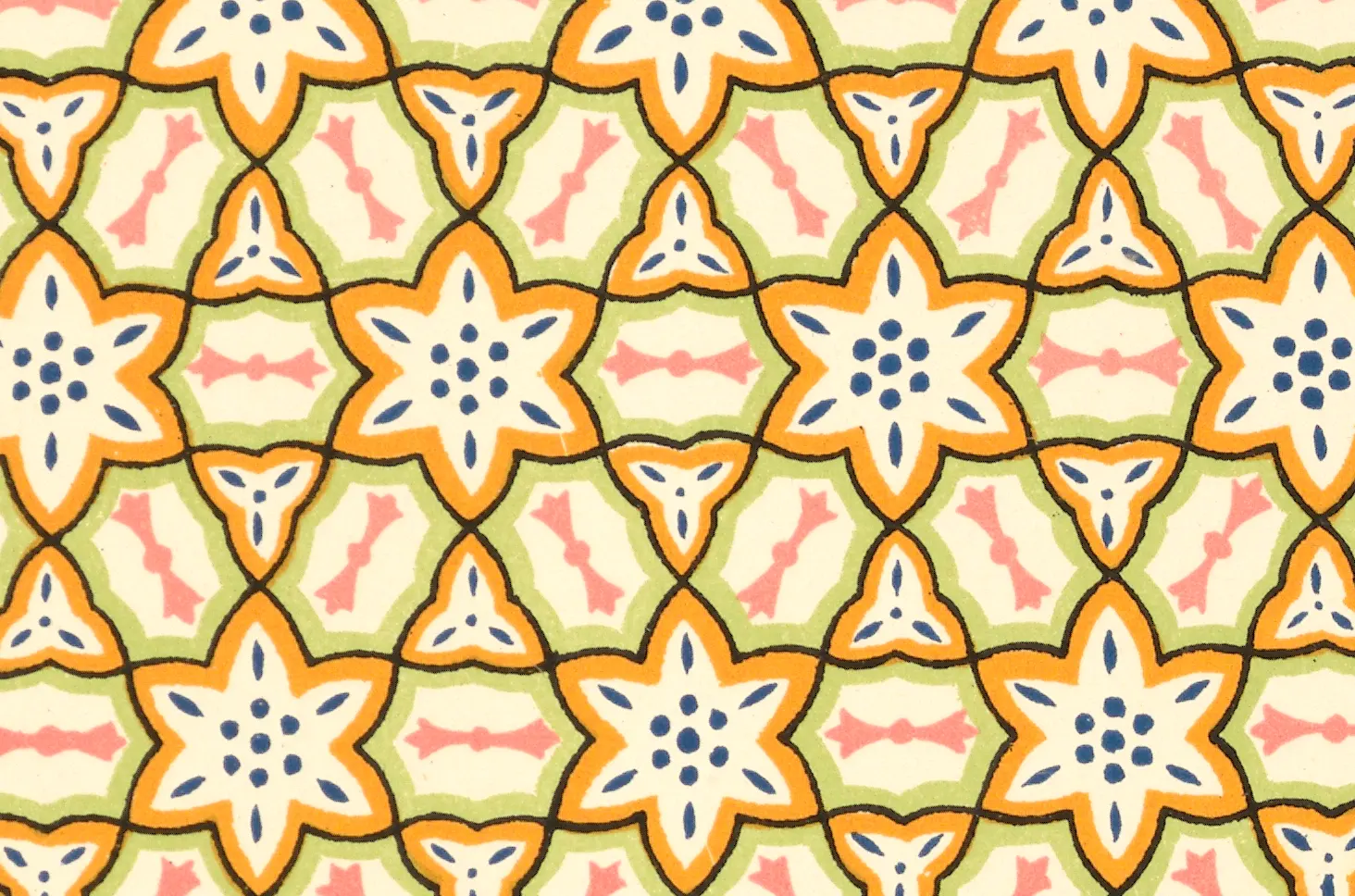 Cream six-pointed stars dotted with blue, framed by orange and green bands, on a triangular grid.