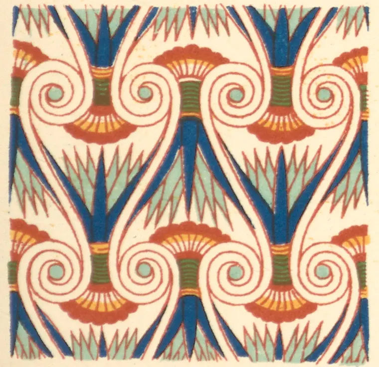 Pairs of red spirals with red and yellow fan shapes and pointed blue plant forms on a cream ground, repeated across and down.