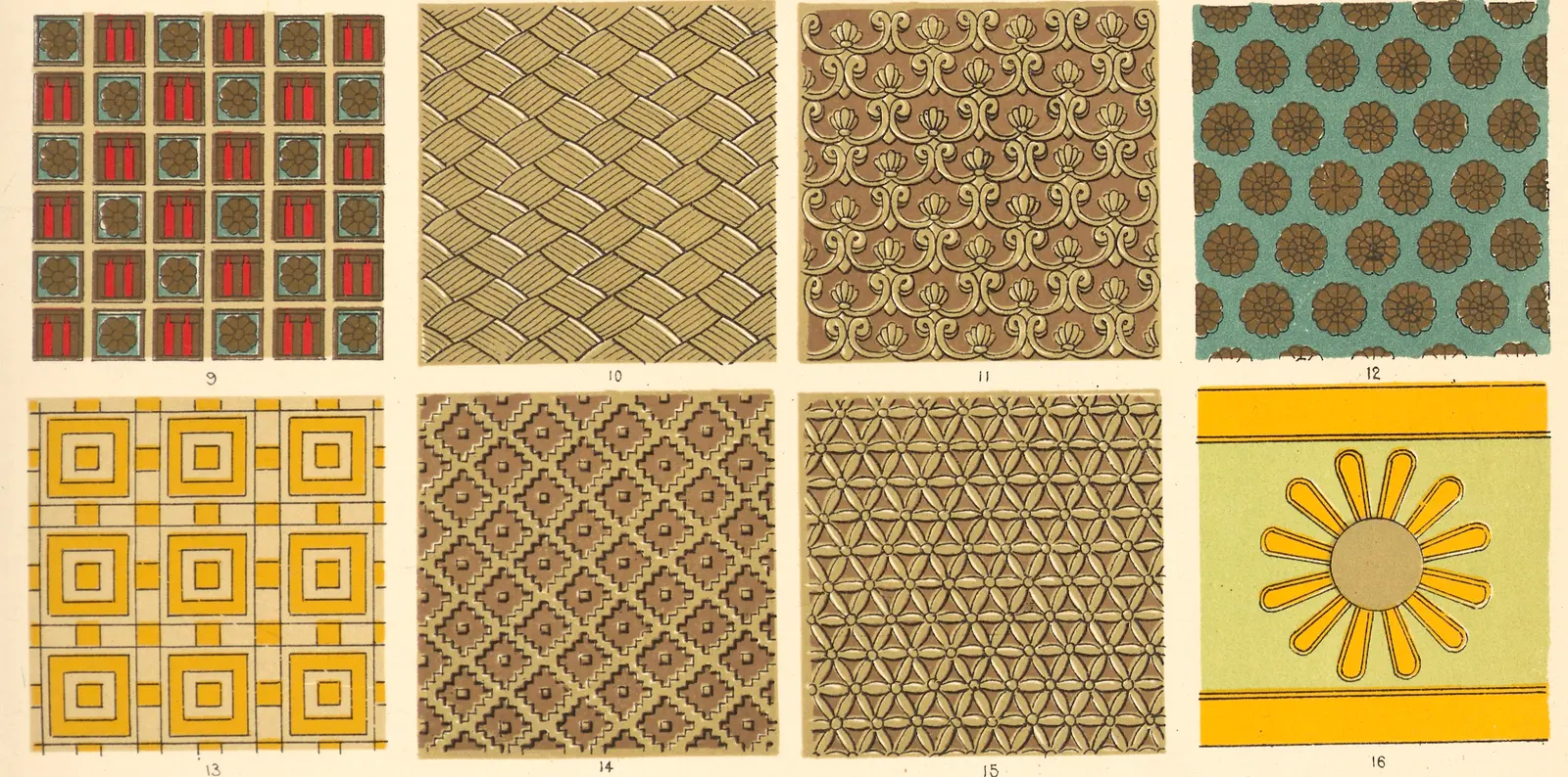 Eight square panels of printed ornament in two rows: rosette grids, a basket weave, scrolls, nested squares, stepped diamonds, a six-petal lattice and one lone sunburst.